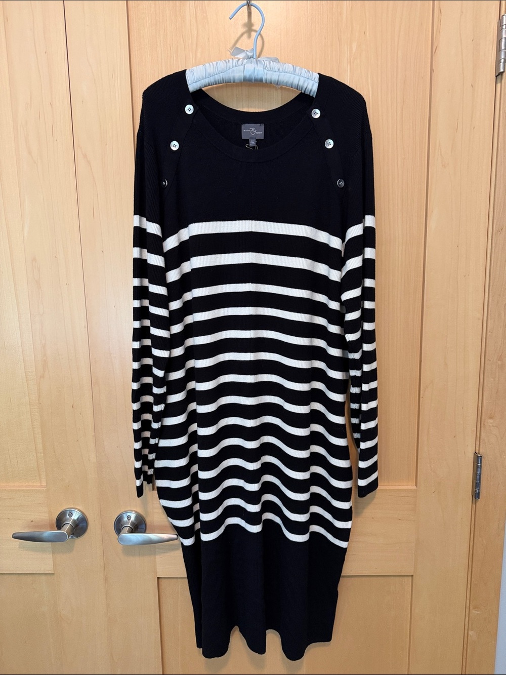 Market & Spruce Black and White Striped Long Sleeve Button-Shoulder Dress